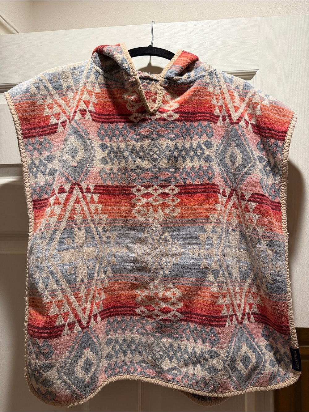 Pendleton Hooded Aztec Poncho Sweater - Coral, Gray & Cream